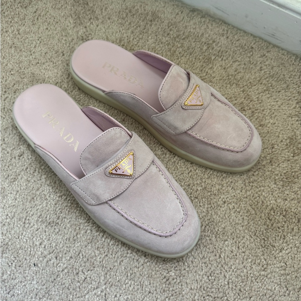 Prada Women's Light Pink Suede Slip-On Loafer Mules